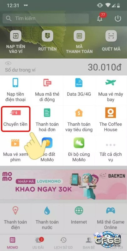 Nhấn chọn chuyển tiền