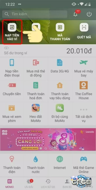 Chọn nạp tiền vào ví