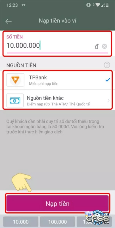 Nhập số tiền cần nạp