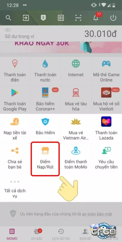 Chọn điểm nạp/rút tiền