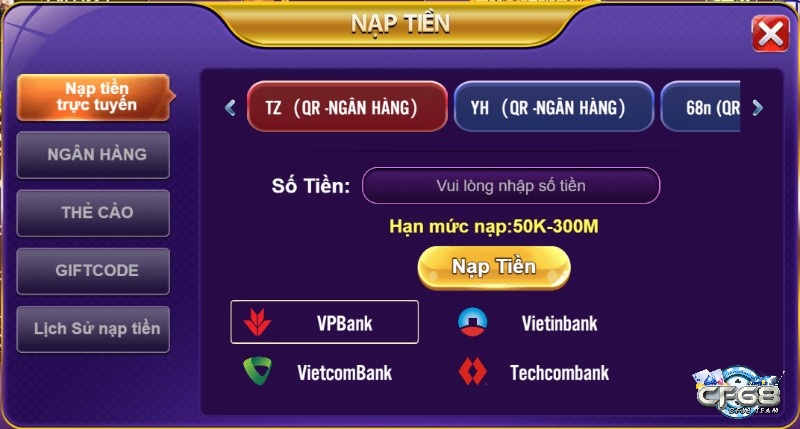 Nạp tiền 68 game bài với 3 phương thức nạp nhanh chóng