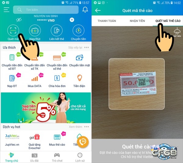 Sử dụng ViettelPay để quét mã QR nạp thẻ