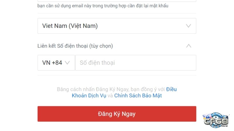 Điền số điện thoại để đăng ký Garena