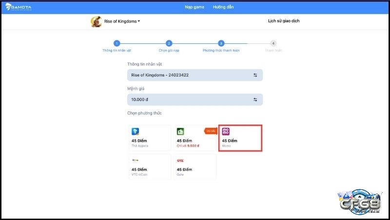 Chọn nạp Rise of Kingdom qua momo