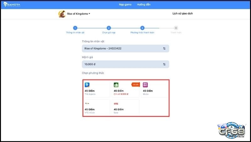 Chọn cách nạp Rise of Kingdom