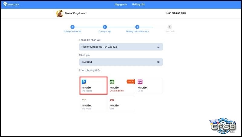 Chọn cách nạp Rise of Kingdom qua thẻ Appota