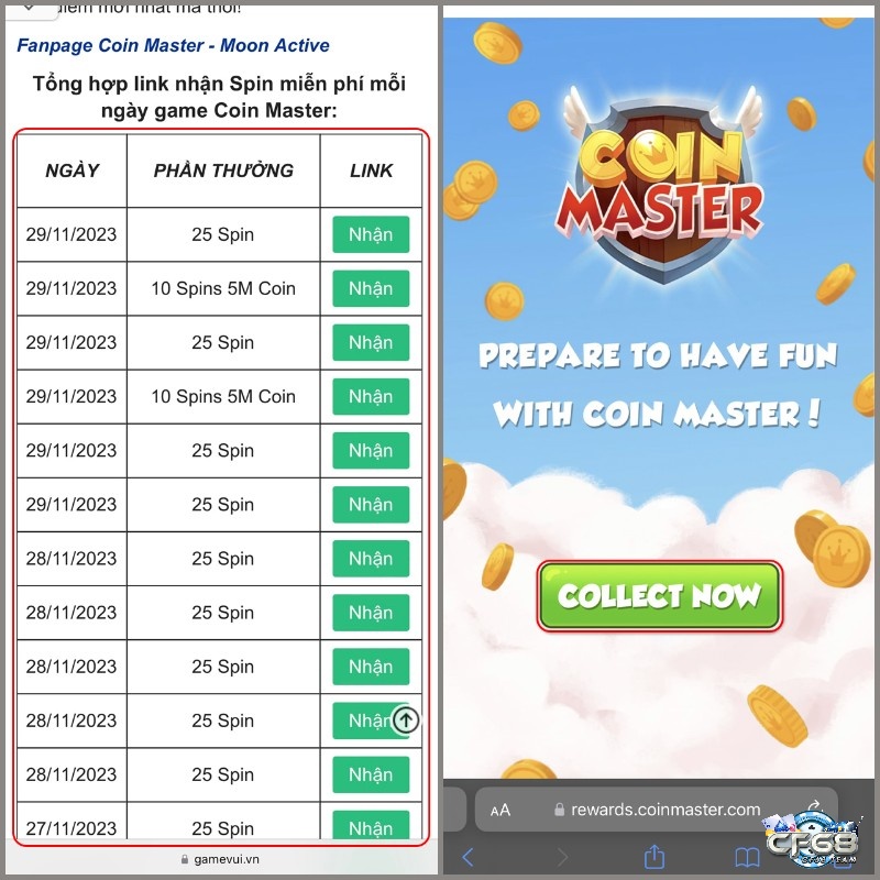Nhấp vào Collect để nhận các spin miễn phí qua Gamevui