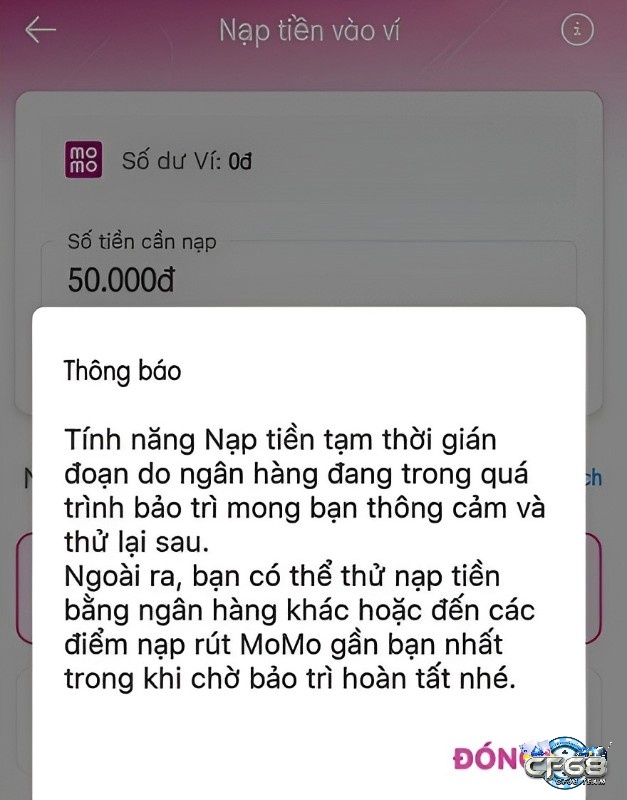 Lỗi nạp momo do ngân hàng bảo trì