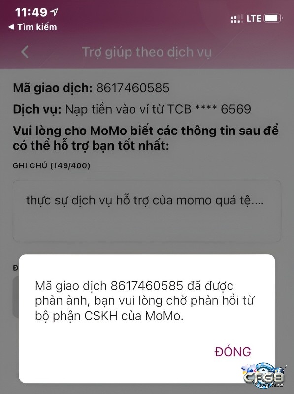 Phản hồi lại với bộ phận CSKH momo