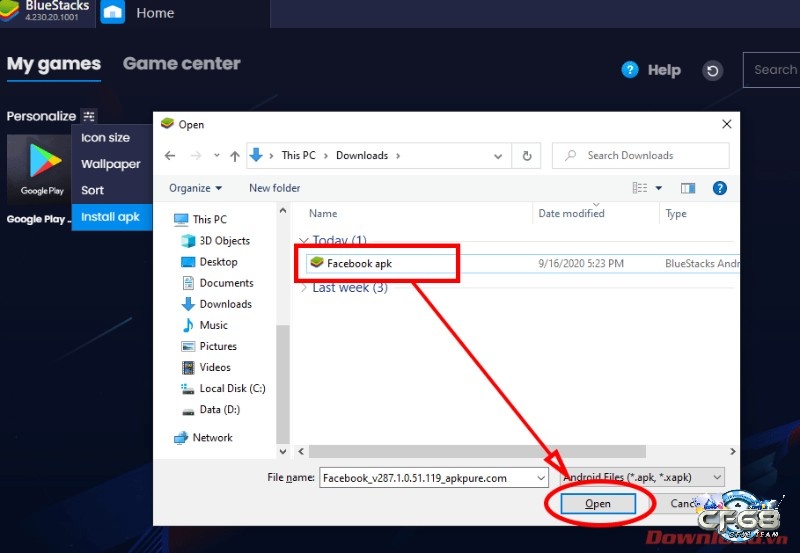 Chọn file apk để cài đặt trên Bluestacks