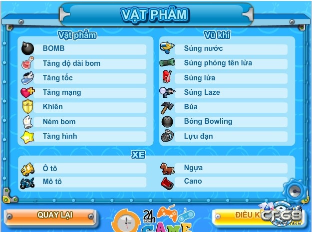 Các vật phẩm trong tựa game đặt bom IT3