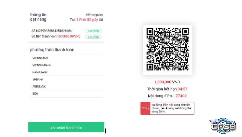Hệ thống cf68 sẽ hiển thị mã QR để người chơi tiến hành thanh toán