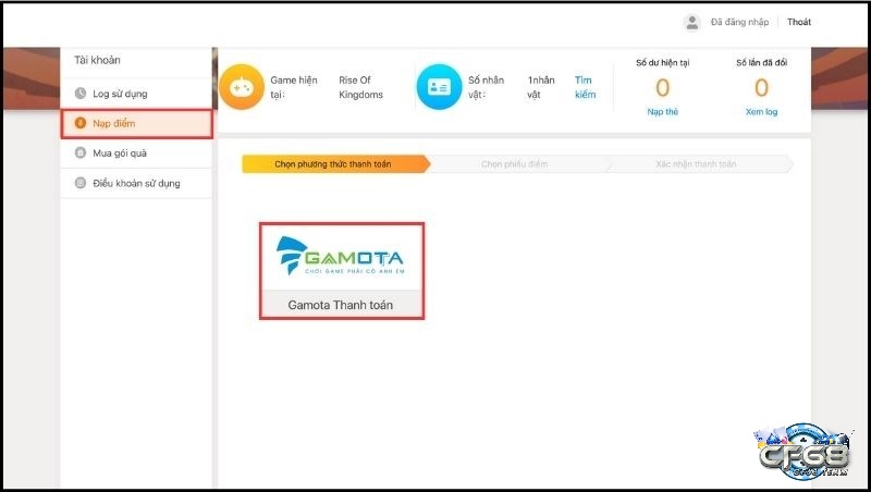 Lựa chọn Gamota tại mục nạp điểm