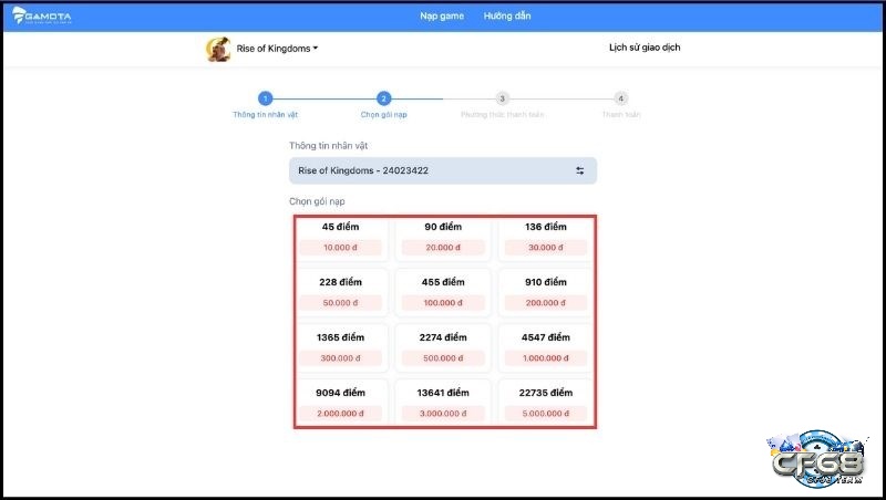 Người chơi tiến hành chọn gói điểm phù hợp