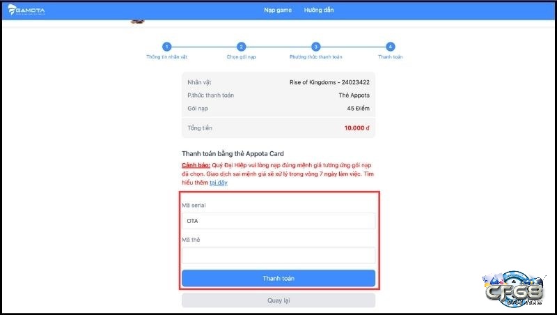 Người chơi nhập các thông tin được yêu cầu để hoàn tất giao dịch
