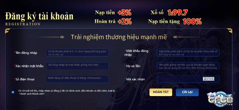 Giao diện đăng ký tại nhà cái Bum68 trực tuyến