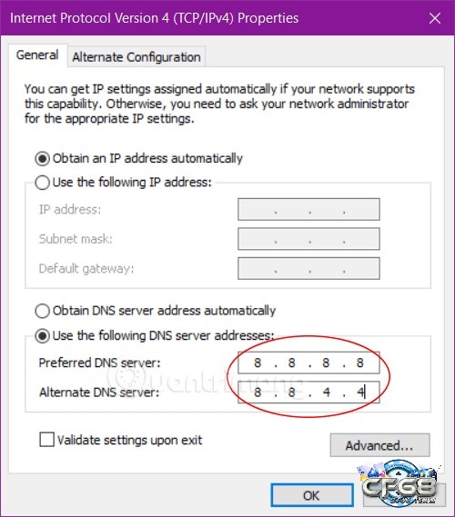 Thay đổi DNS: 8.8.8.8