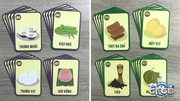 Các lá bài nguyên liệu trong board game Lên Mâm